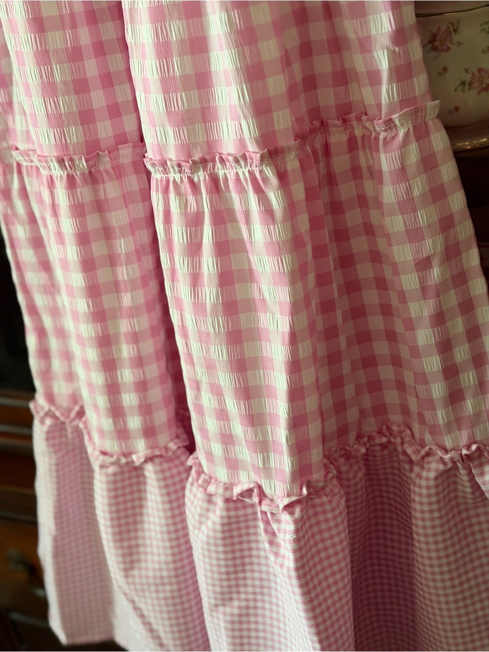 Pink Gingham Girls cottage core Maxi dress with ruffle - Picture 4 of 8